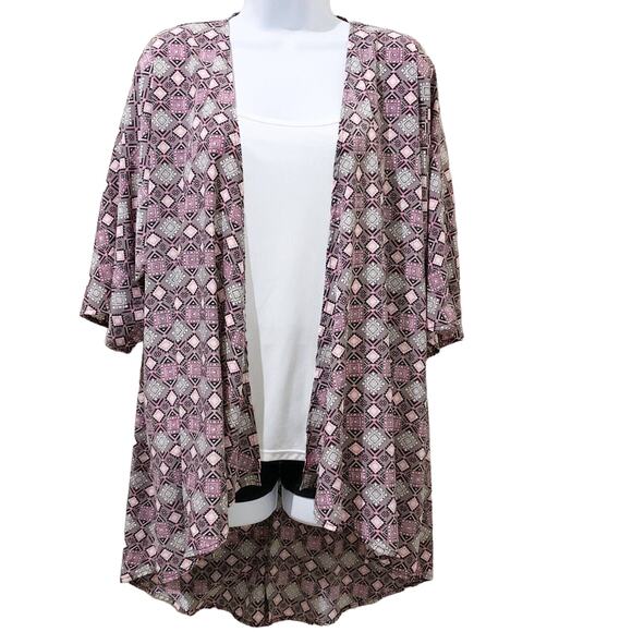 LULAROE Sz Small Women Cardigan Dolman Short Sleeves Open Front Gray Pink Print - Picture 5 of 9